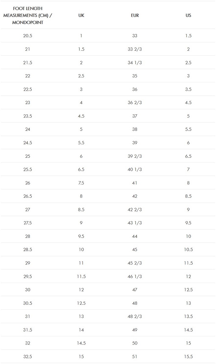 Salomon Pack Size Chart